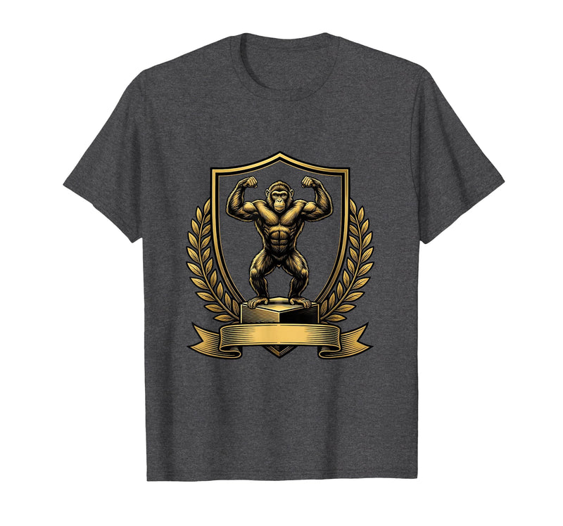 Mademark Monkey Flexing Muscles on Gym Podium T-Shirt - Men - Dark Heather Grey