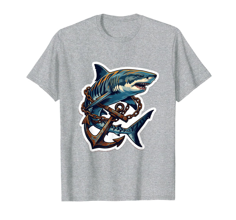 Mademark Tiger Shark Tangled in Anchor Chain Illustration T-Shirt - Heather Grey