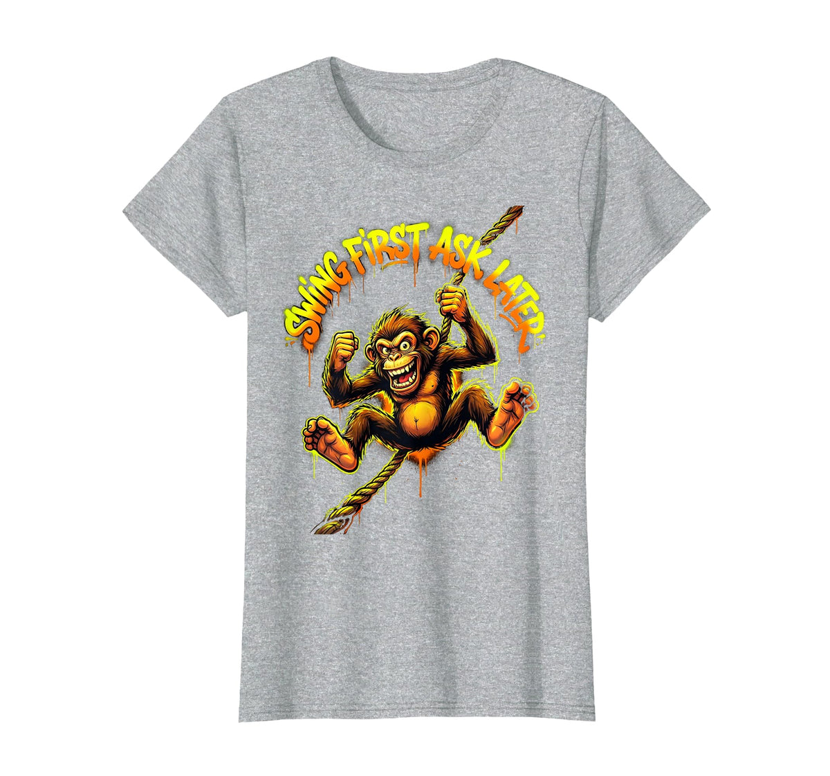 Mademark Swing First Ask Later Funny Monkey Design T-Shirt - Women - Heather Grey