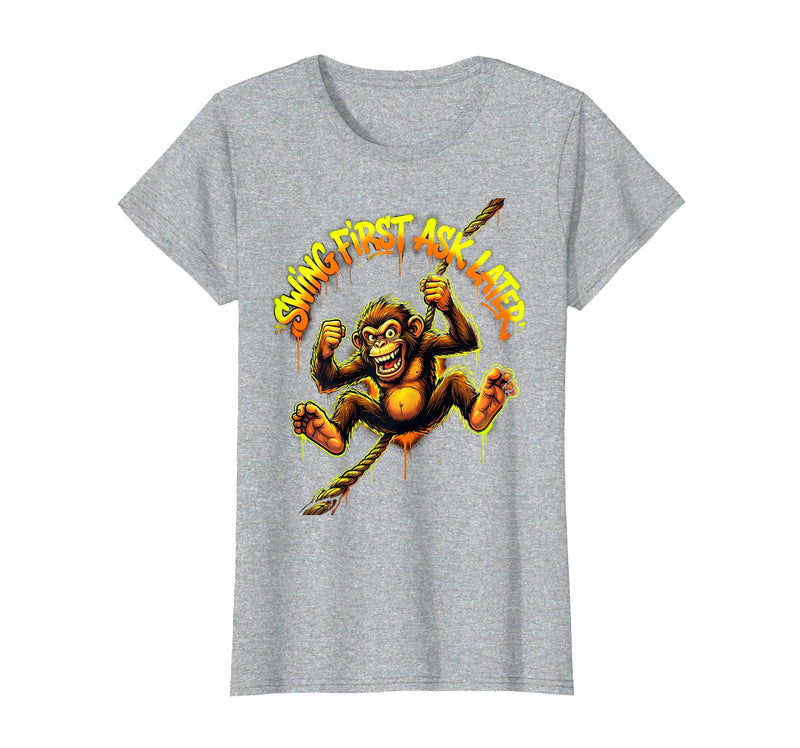 Mademark Swing First Ask Later Funny Monkey Design T-Shirt - Women - Heather Grey
