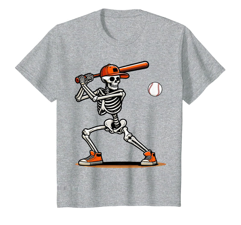 Funny Halloween Skeleton Sports Boys Costume Baseball Skeleton Spooky Boys Halloween Baseball Player T-Shirt - Heather Grey