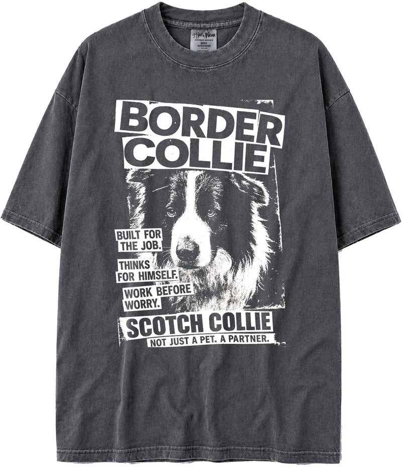 BABATEES U.S.A. MAX-Heavyweight Punk Rock Animals Shaka Wear Oversized 7.5oz Cotton Tshirt - Border Collie
