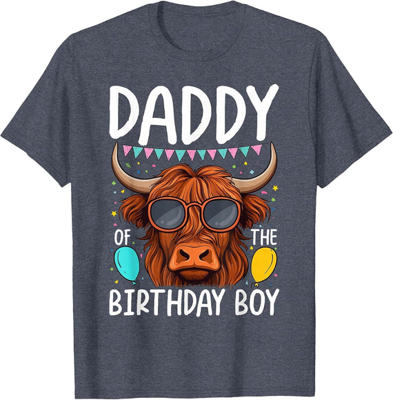 Daddy of The Birthday Boy Highland Cow T-Shirt - Heather Blue