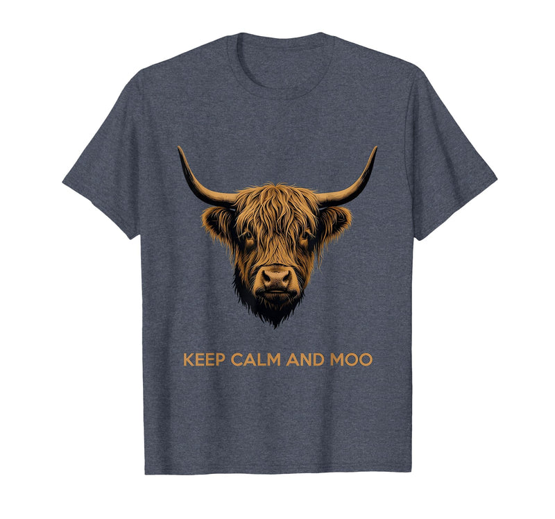 Mademark Keep Calm and Moo Highland Cow Design T-Shirt - Heather Blue