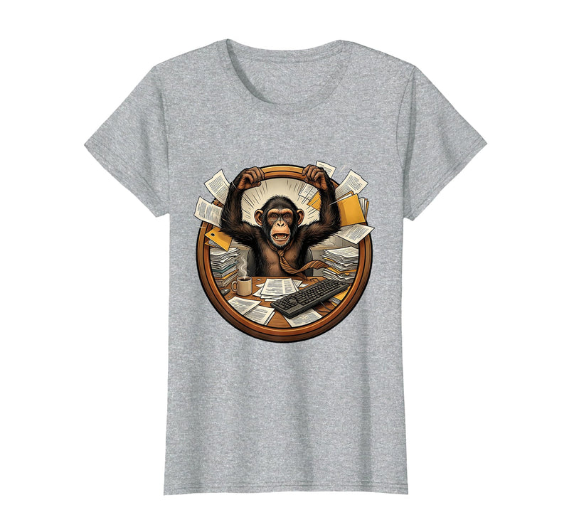 Mademark Monkey Office Chaos Funny Adult Humor Graphic T-Shirt - Women - Heather Grey