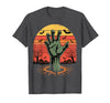 Creepy Undead Zombie Hand Retro Sunset Scary Zombie Hand Retro Sunset Halloween Horror Tee T-Shirt - Dark Heather Grey