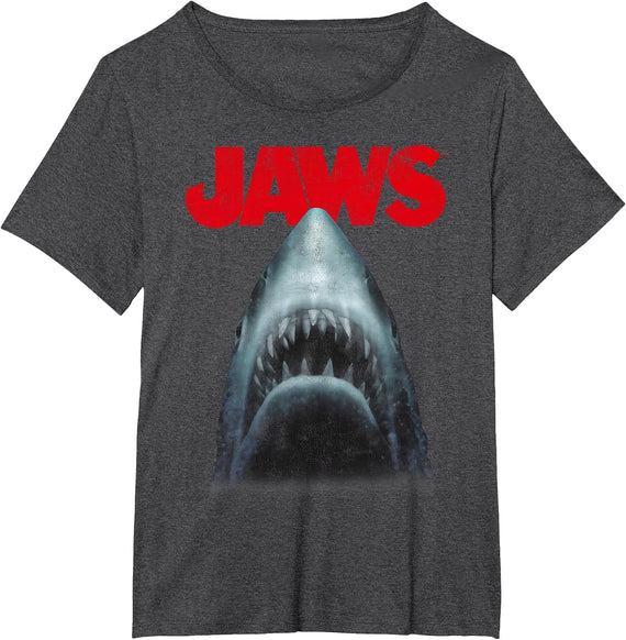 Jaws Shark in Dark Waters Classic Icon T-Shirt, Women's Plus, Dark Heather Grey, 6X - As Pictured