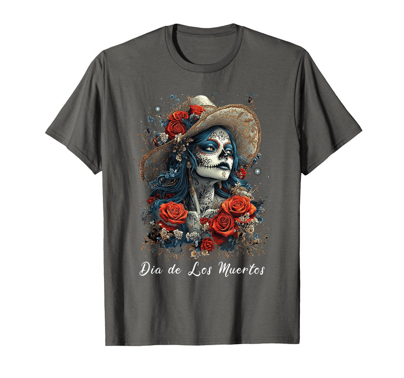 DIRHAME Dia De Los Muertos Mexican Sugar Skull Girl Halloween Dia De Los Muertos T-Shirt - Asphalt Grey