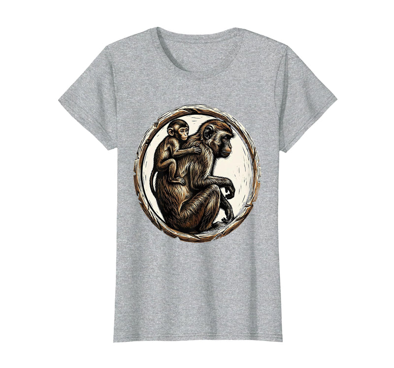 Mademark Baby Monkey Clinging to Mother's Back Design T-Shirt - Women - Heather Grey