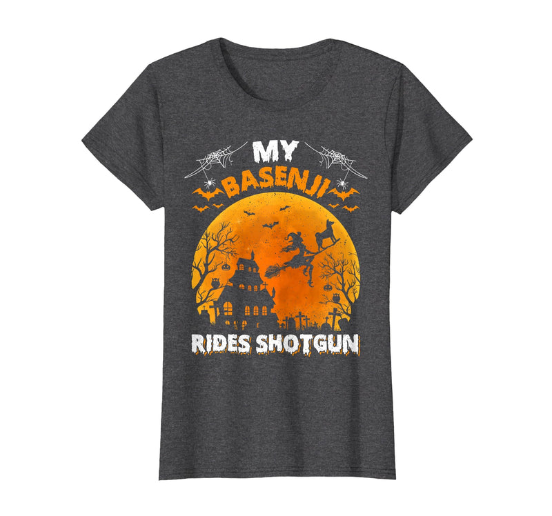 Basenji Dog Witch Halloween Gifts My Basenji Rides Shotgun Basenji Dog Halloween T-Shirt - Dark Heather Grey