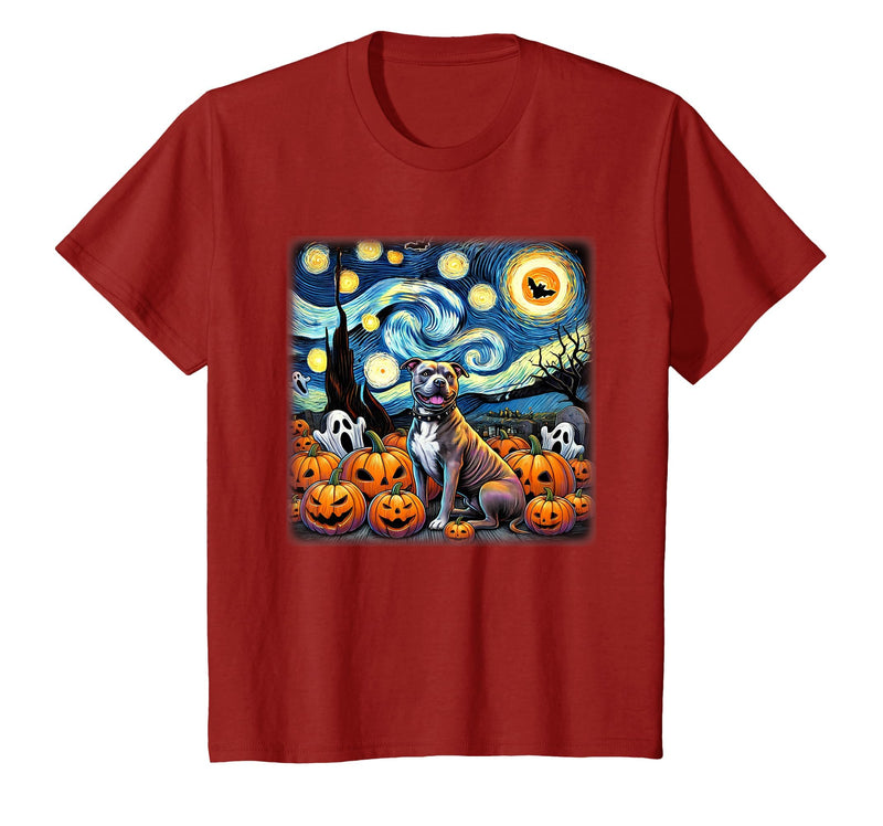 Pitbull Starry Night Tees Starry Night Pitbull Halloween T-Shirt - Cranberry Red