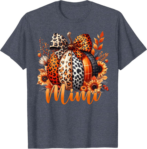 Mimi Thanksgiving Leopard Pumpkin Sunflower Coquette Bow T-Shirt - Heather Blue