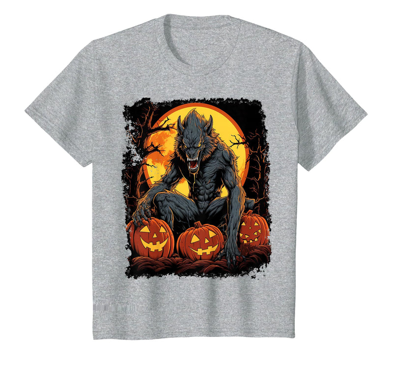 FrightNightFits Werewolf Orange Halloween T-Shirt - Heather Grey