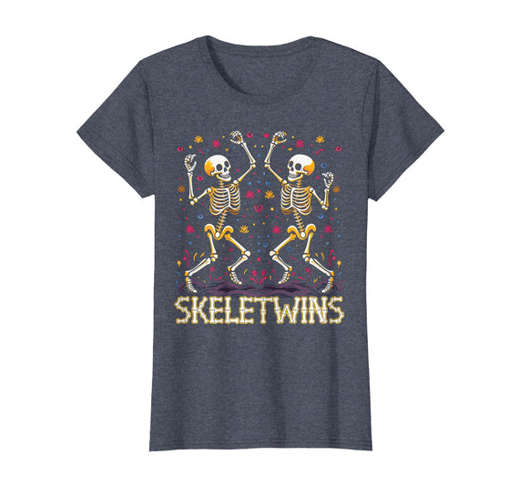 Spirit Week Twin Day Skeletwins Halloween Twins Dancing Skeletons Twins Halloween Matching Skeletwins T-Shirt - Heather Blue