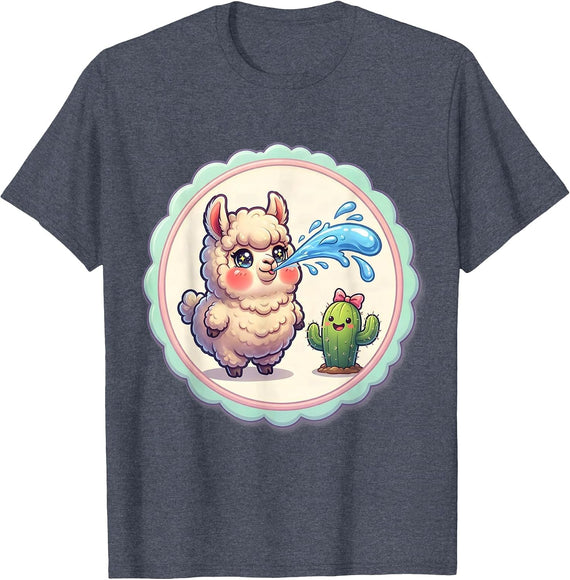 Men's Funny Llama Spitting at Cactus Illustration T-Shirt - Heather Blue