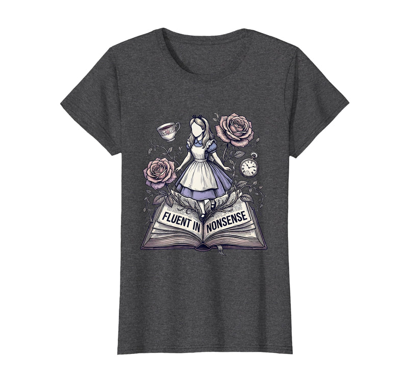 Mademark Fluent In Nonsense Alice in Wonderland Design T-Shirt - Dark Heather Grey