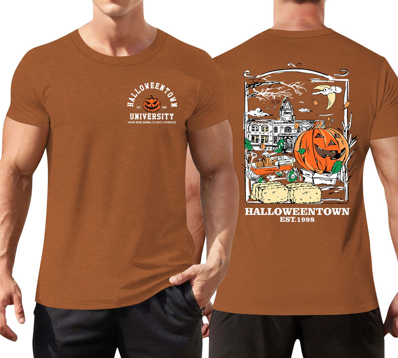 Ithalt Mens Halloween Shirt Halloweentown T Shirt Pumpkin Short Sleeve Top - Brown3
