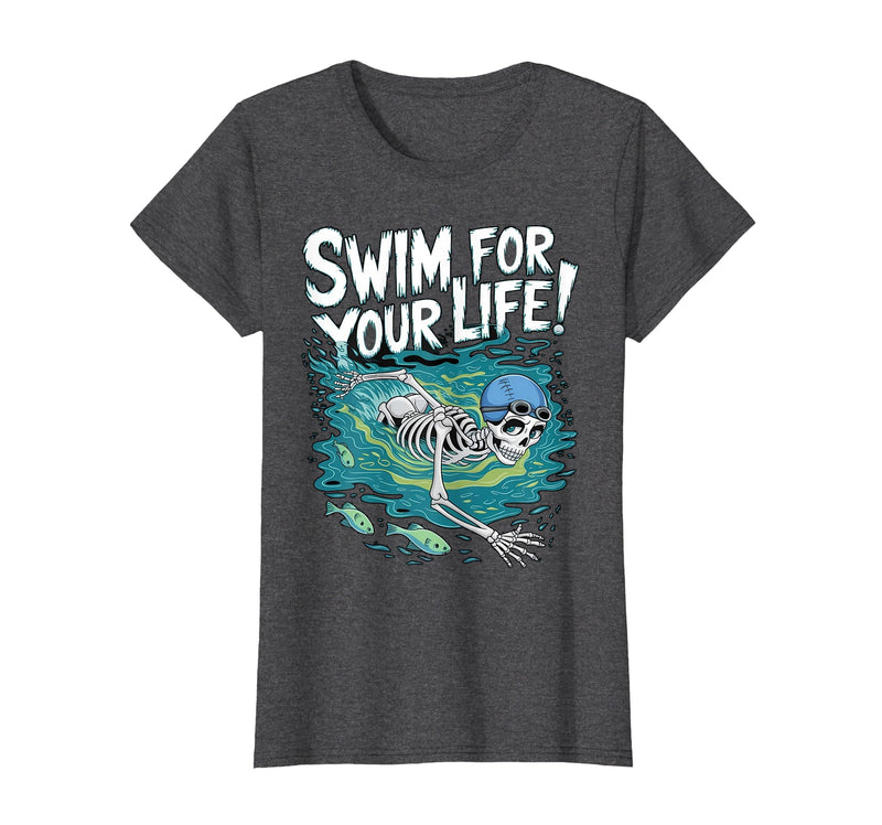 Swim Lover Halloween Custom Tee For Swimmers Kids Halloween Skeleton Swimming Swim for Your Life Swimmers Dad T-Shirt - Dark