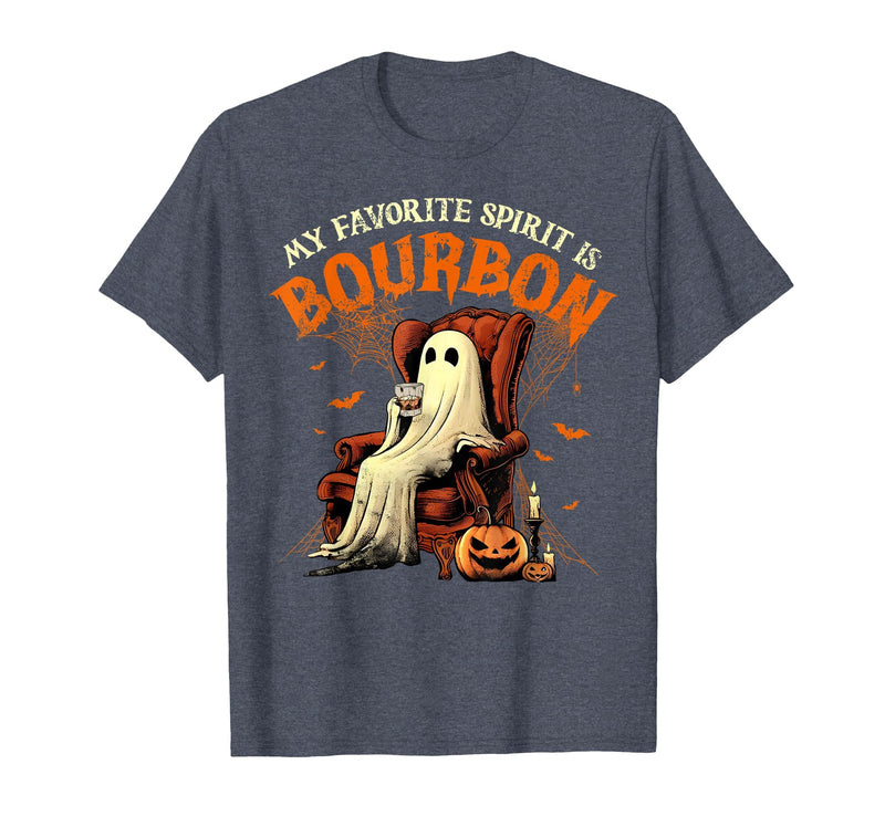 Bourbon Ghost Funny Halloween Drinking Apparel My Favorite Spirit is Bourbon Funny Halloween Ghost T-Shirt - Heather Blue