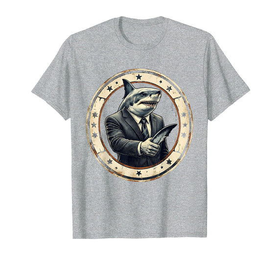 Mademark Shark Business Suit Handshake Funny Graphic T-Shirt - Heather Grey