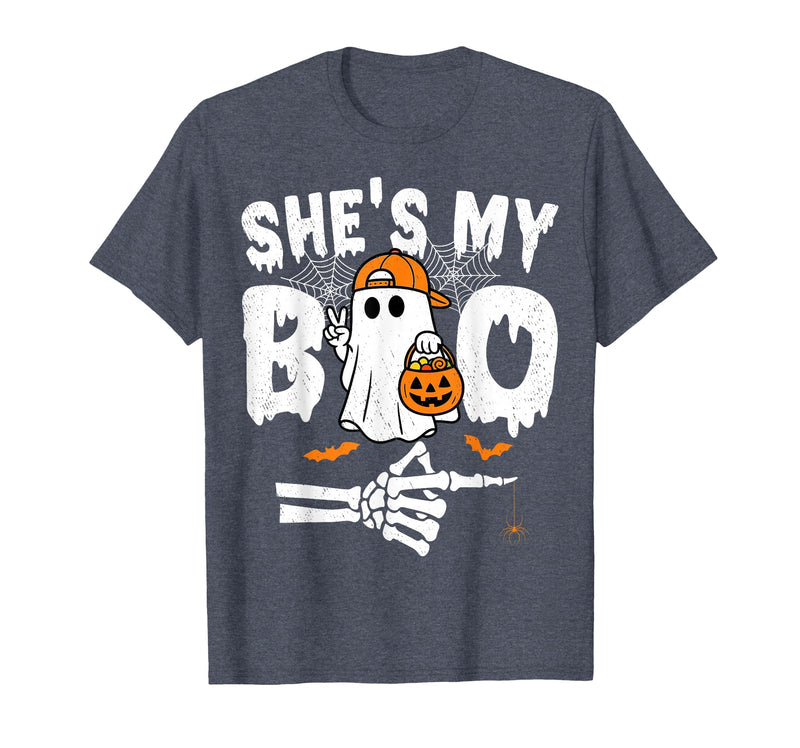 Funny Couples Halloween Matching Couple Outfits He's My Boo Matching Couple Halloween Couples She's My Boo T-Shirt - Heather