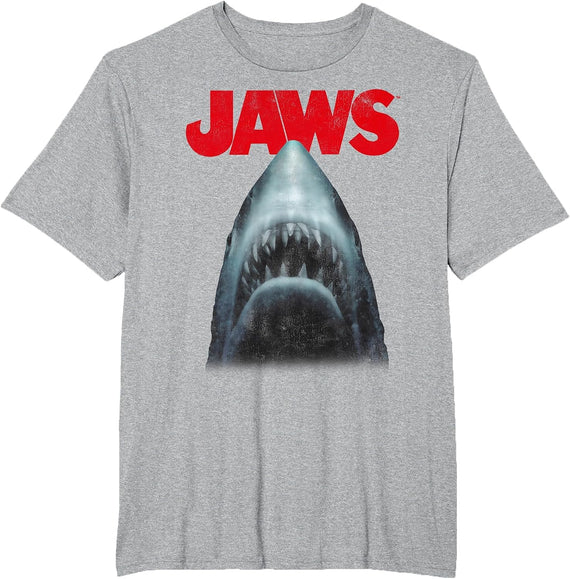 Jaws Shark in Dark Waters Classic Icon T-Shirt, Men's Big and Tall, Heather Grey, 5X Tall - As Pictured