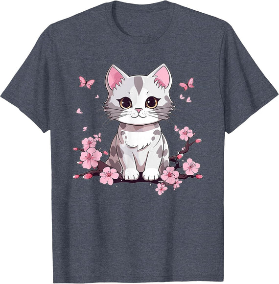 Cute Cat with Cherry Blossoms I Kids Cat T-Shirt - Heather Blue