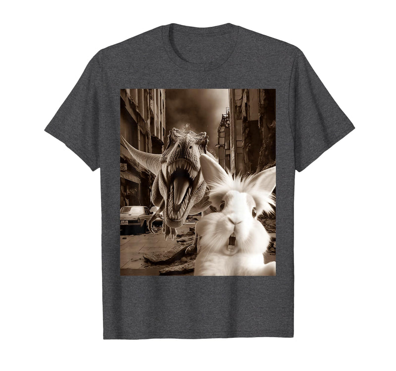 Funny Bunny Rabbit Selfie with T-Rex Tyrannosaurus Dinosaur T-Shirt in Dark Heather Grey
