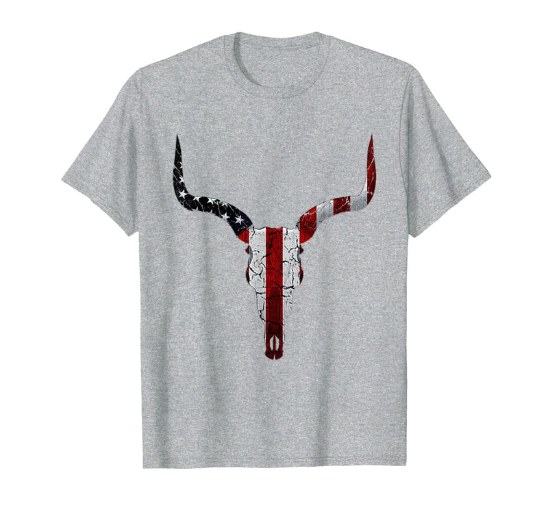Cow skull USA Flag Bull Skull American Flag Cow Skull Western Graphic Wild West T-Shirt - Heather Grey