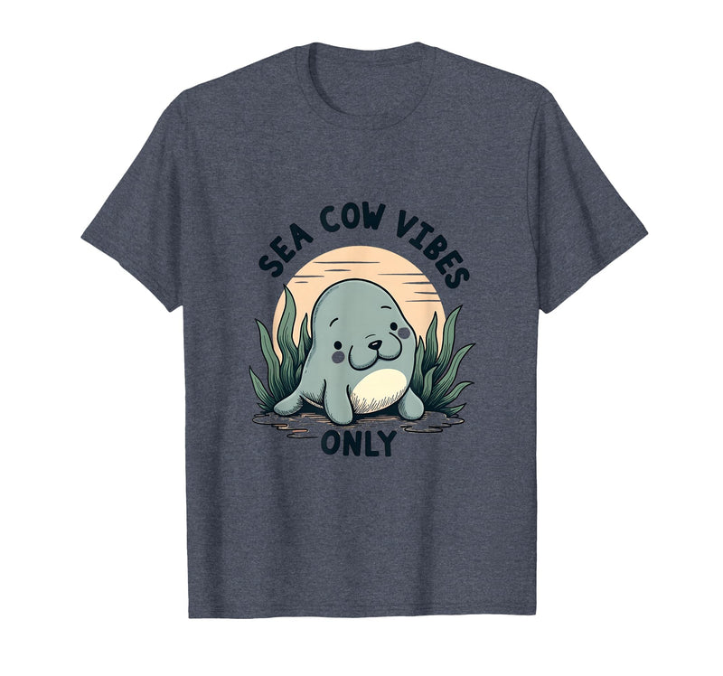 Mademark Sea Cow Vibes Only Manatee Design T-Shirt - Heather Blue