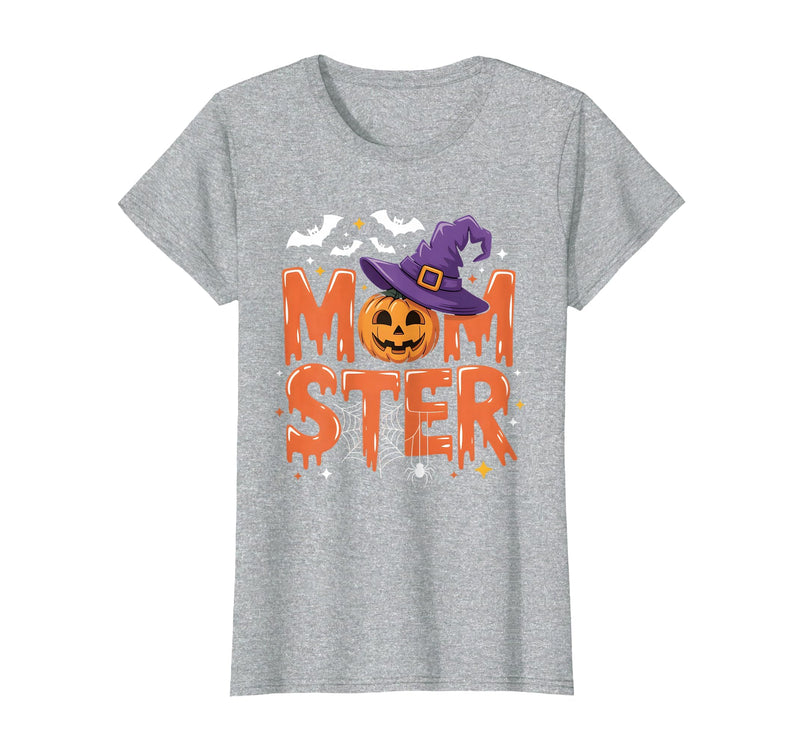 Mom-ster Halloween Funny Witch Hat Pumpkin Mom Momster Mom Mommy Matching Family Halloween Costume Women T-Shirt - Heather