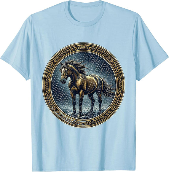 Men's Horse Standing in Heavy Rainfall Illustration T-Shirt - Baby Blue
