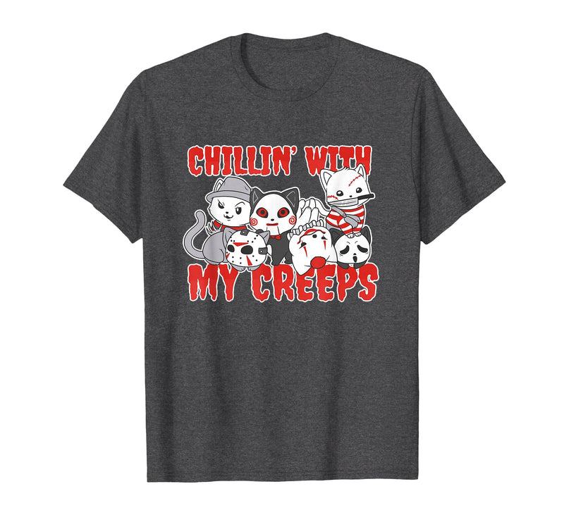 Chillin With My Creeps Apparel Chillin with My Creeps Cat Horror Killer Halloween Costume T-Shirt - Dark Heather Grey