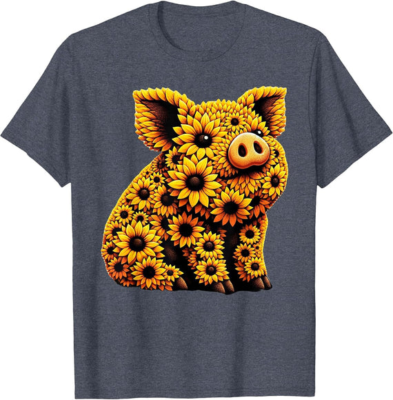 Sunflower Pig Flower Gardening Floral T-Shirt - Heather Blue