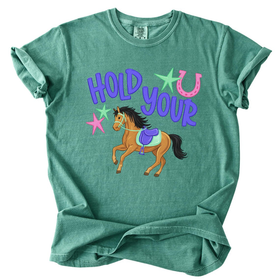 FITIN Horse Graphic Illustration Vintage T-Shirt, Cozy Apparel Crewneck | Running Horse Graphic, Saddle, Stars, Horseshoe, Hold Your Typography, Garment-Dyed Tee, Western Casual Wear - Light Green