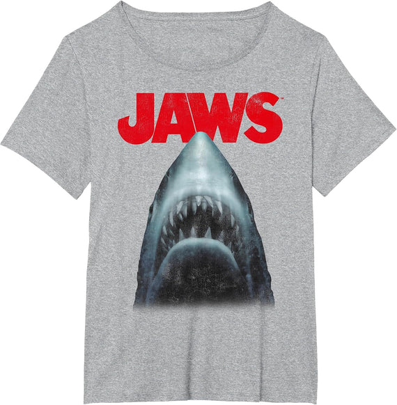 Jaws Shark in Dark Waters Classic Icon T-Shirt, Women's Plus, Heather Grey, 4X - As Pictured