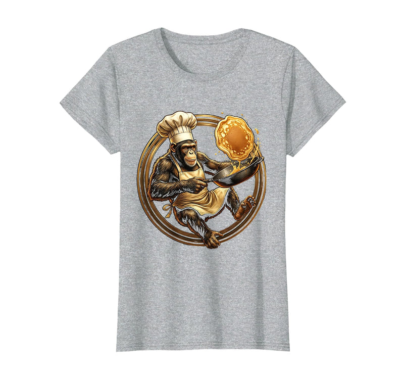 Mademark Funny Monkey Chef Flipping Pancakes Graphic Tee T-Shirt - Women - Heather Grey