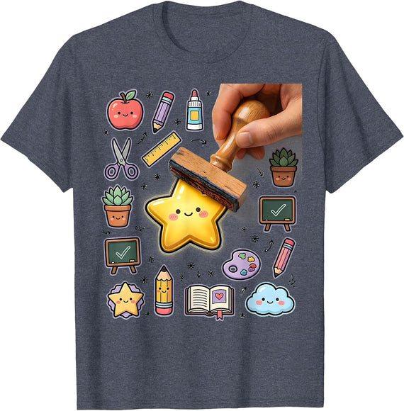 Kindergarten Teacher Gold Star Hand Stamp T-Shirt - Heather Blue