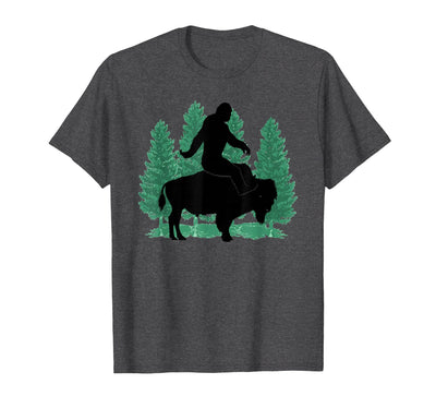 Bison Fluffy Cows Bigfoot Lover Funny Bigfoot Riding a Bison T-Shirt