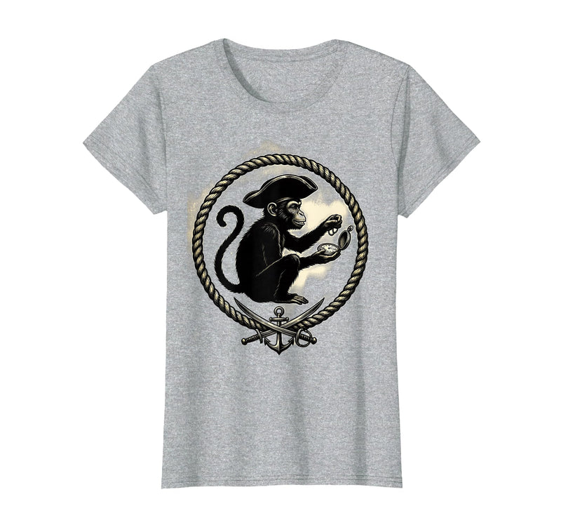 Mademark Pirate Monkey with Stolen Pocket Watch Design T-Shirt - Women - Heather Grey