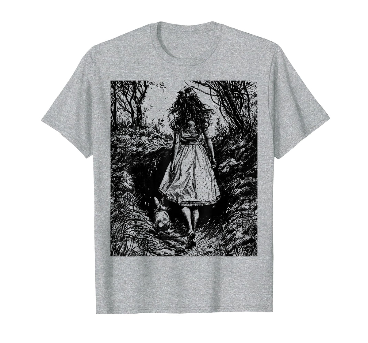 Alice in Wonderland - Down the Rabbit Hole Fantasy Vintage T-Shirt in Heather Grey