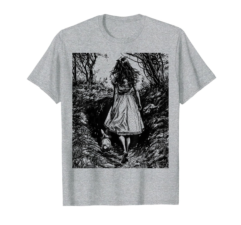 Alice in Wonderland - Down the Rabbit Hole Fantasy Vintage T-Shirt in Heather Grey