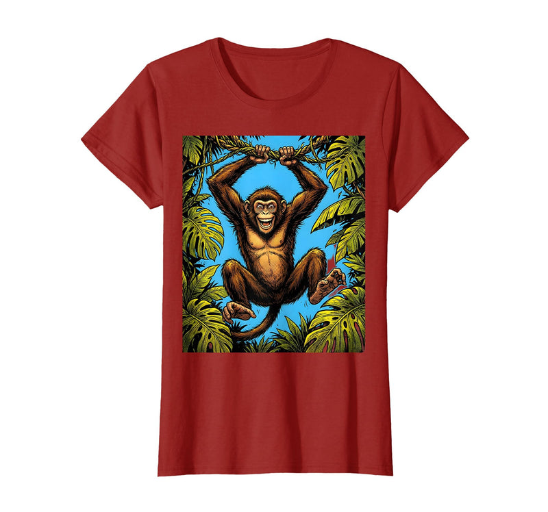 Mademark Monkey Hanging From Jungle Vine Graphic T-Shirt - Women - Cranberry Red