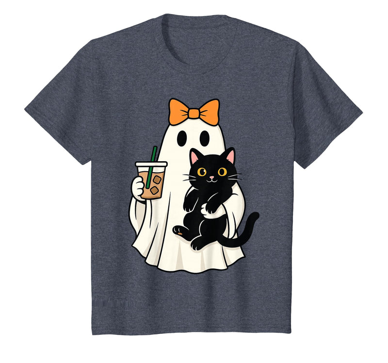halloween iced coffee costume Cat Women Girls Cute Halloween Cat Ghost Drinking Coffee Ghost Women Girls T-Shirt - Heather