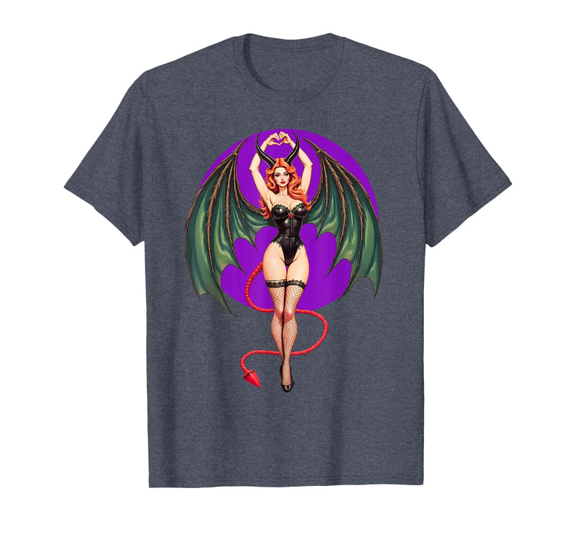Classic Vintage Pin-Up Sexy Girl by YUX Sexy Succubus Monster Halloween Hand Heart Pin-Up Girl Devil T-Shirt - Heather Blue