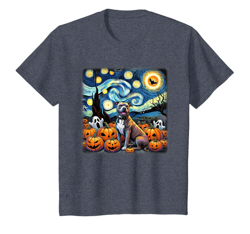 Pitbull Starry Night Tees Starry Night Pitbull Halloween T-Shirt - Heather Blue