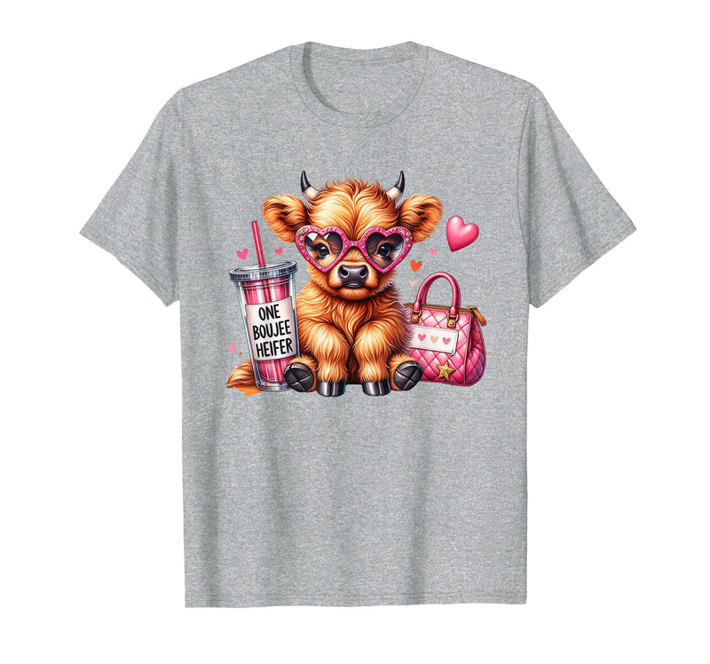 Highland Cow Land of NYC One Boujee Heifer Highland Cow Bougie Pink Tumbler Handbag T-Shirt - Heather Grey
