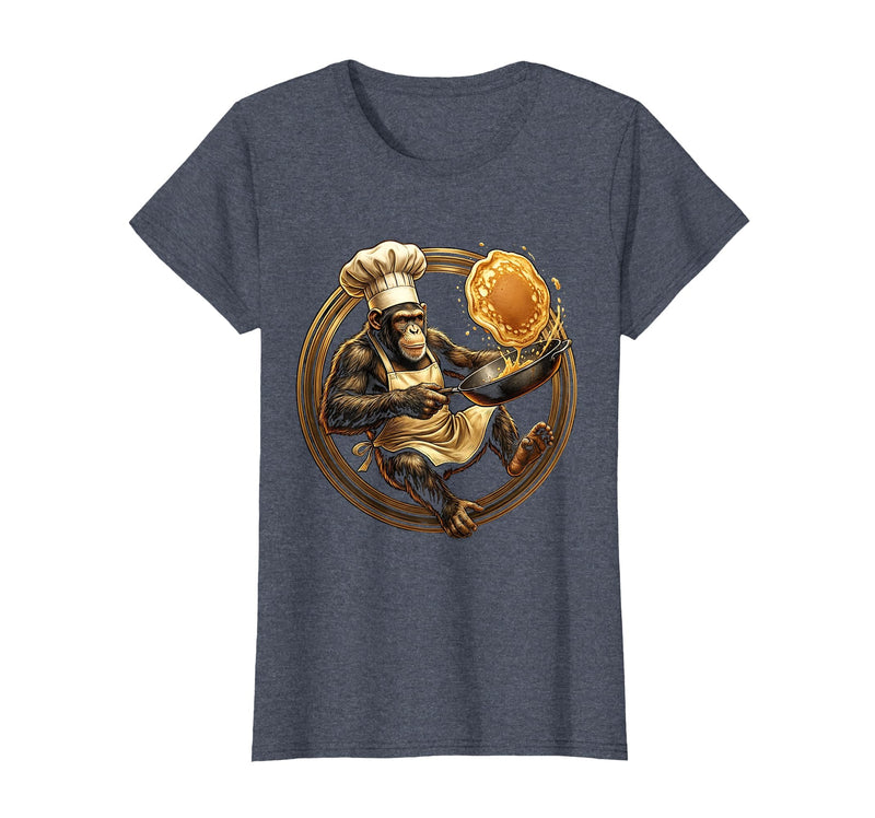 Mademark Funny Monkey Chef Flipping Pancakes Graphic Tee T-Shirt - Women - Heather Blue