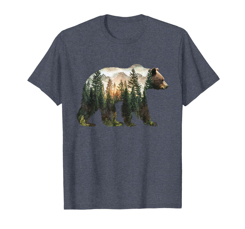 Bear Designs. Bear Forest Mountains Trees Nature Sunset Outdoor Graphic T-Shirt - Heather Blue