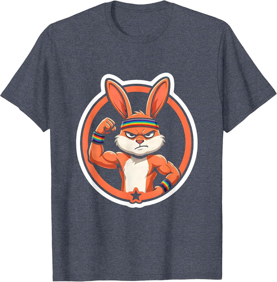 Men's Rabbit Flexing Pride Humor LGBTQ Ally T-Shirt - Heather Blue